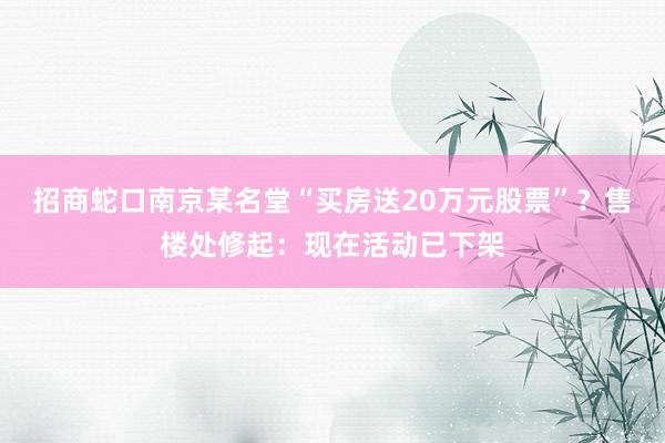 招商蛇口南京某名堂“买房送20万元股票”？售楼处修起：现在活动已下架